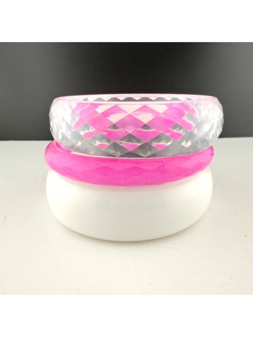 Set Of 3 Chunky Acrylic Bangles Clear White Pink Faceted Smooth